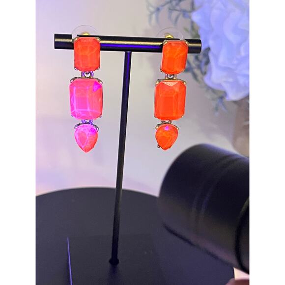 Loren Hope Signed Red Neon Orange Coral Statement Rhinestone Glass Earrings - Picture 2 of 9